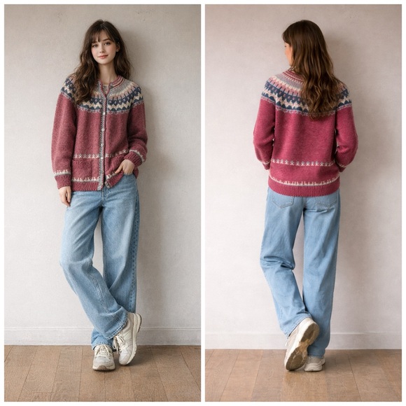 Vintage Danish Handknit Wool Cardigan Pure New Wool Nordic Sweater